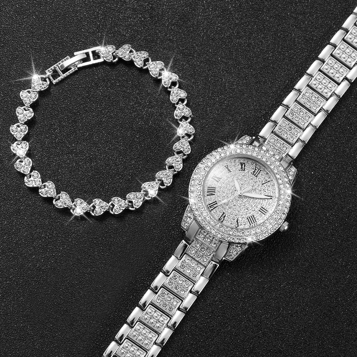 2pcs/set Women Stainless Steel Band Diamond Quartz Watch and Bracelet Set-Non Fadable & Best Selling Product