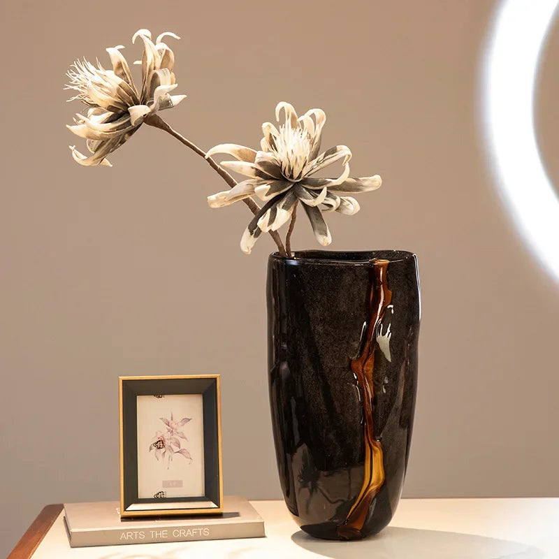 Black Glass Vase Crack Water Ripple Flower Pot Floral Arrangement Accessories Flowerpot Terrarium Room Decoration