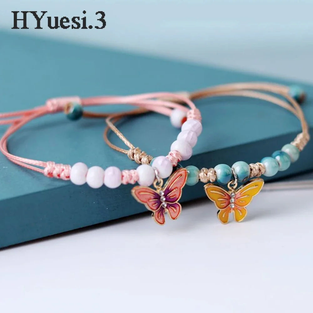 Summer Metal Butterfly Beaded Bracelet Anklet Colorful Adjustable Woven Rope Bracelets For Women Girls Kids Birthday Party Gifts