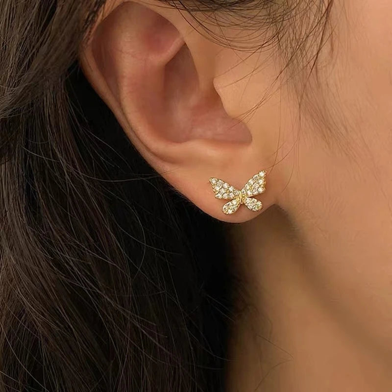 Korean Rhinestone Butterfly Stud Earrings For Women Girls Cute Fashion Metal Cuff Chain Tassel Boucle D'oreille Jewelry