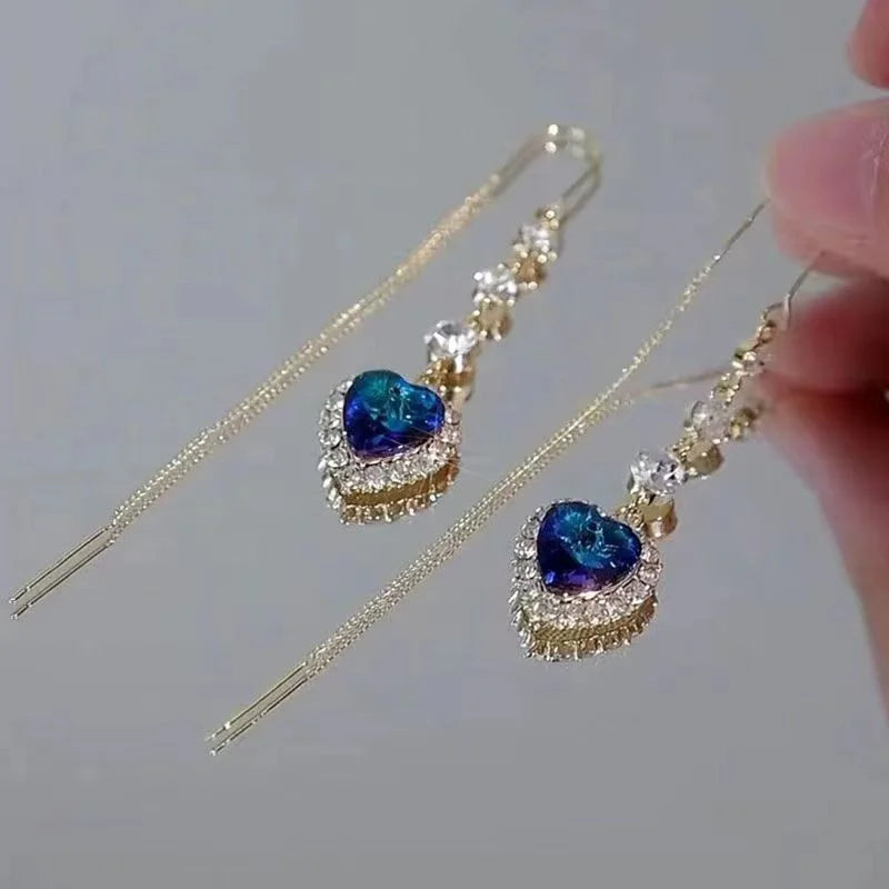 Exquisite Heart Shaped Zircon Earrings For Women Girls Luxury Long Tassel Ear Line Dangle Earring Wedding Party Jewelry Gifts