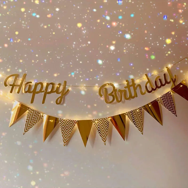 Multi Themes DIY Colored Lights Happy Birthday Banner Decorations Photo Booth Happy Birthday Bunting String Lights Flags Set