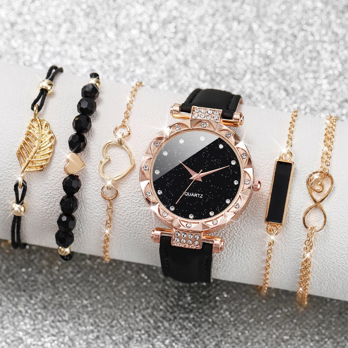 6PCS/Set Women's Fashion Watch Set Simple Dial Leather Quartz Watch With Love Leaf Bracelet