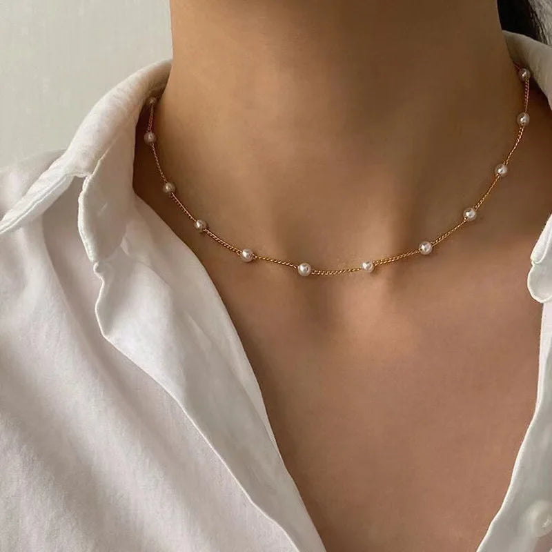 New Beads Women's Neck Chain Kpop Pearl Choker Necklace Gold Color Goth Chocker Jewelry on The Neck Pendant 2024 Collar for Girl