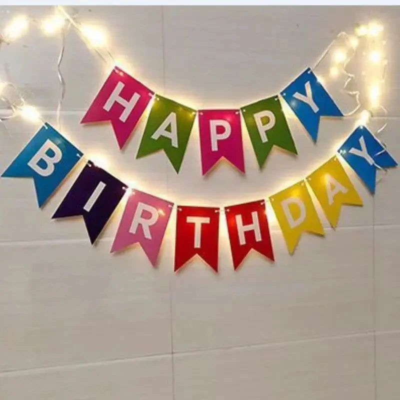 Multi Themes DIY Colored Lights Happy Birthday Banner Decorations Photo Booth Happy Birthday Bunting String Lights Flags Set
