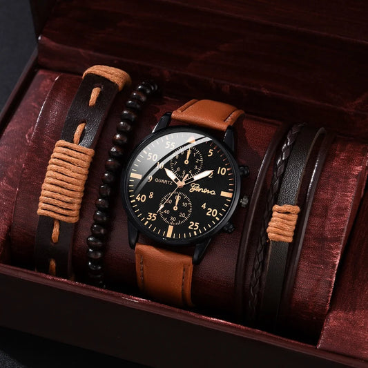 Kegllect  Men Watch Set with Bracelet Casual Leather Band  Quartz Clocks- Elegant For Gift & Perfect Watch For Boys