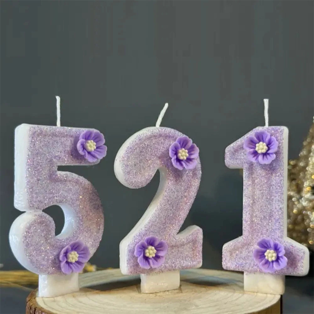1pc Purple Sparkling Number Candles 0-9 Flower Cake Topper for Birthday Wedding Anniversary Party Cake Decoration Supplies