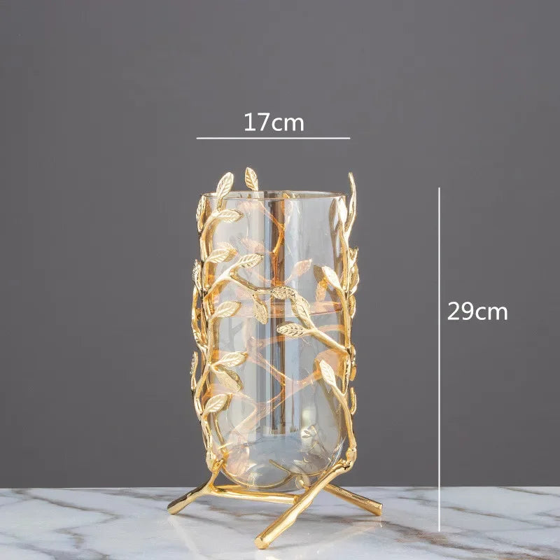 Glass Metal Vase Hollow Gold Metal Frame Branches Rattan Transparent Flower Vase Flower Arrangement Hydroponics Home Decoration