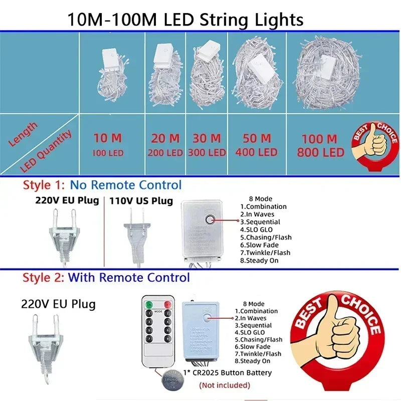 5M-100M Led Christmas Lights Outdoor led Fairy String Lights for Tree Ramadan 2024 Party Holiday Wedding Garland Decoration