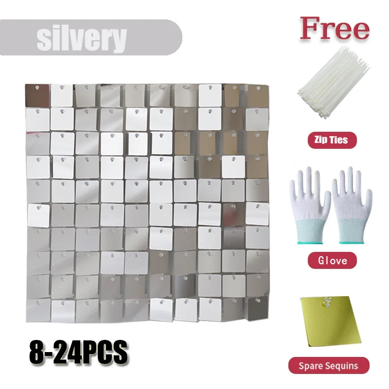 Square glitter wall background with 18 decorative panels sparkling. Photo background used for birthday party decoration