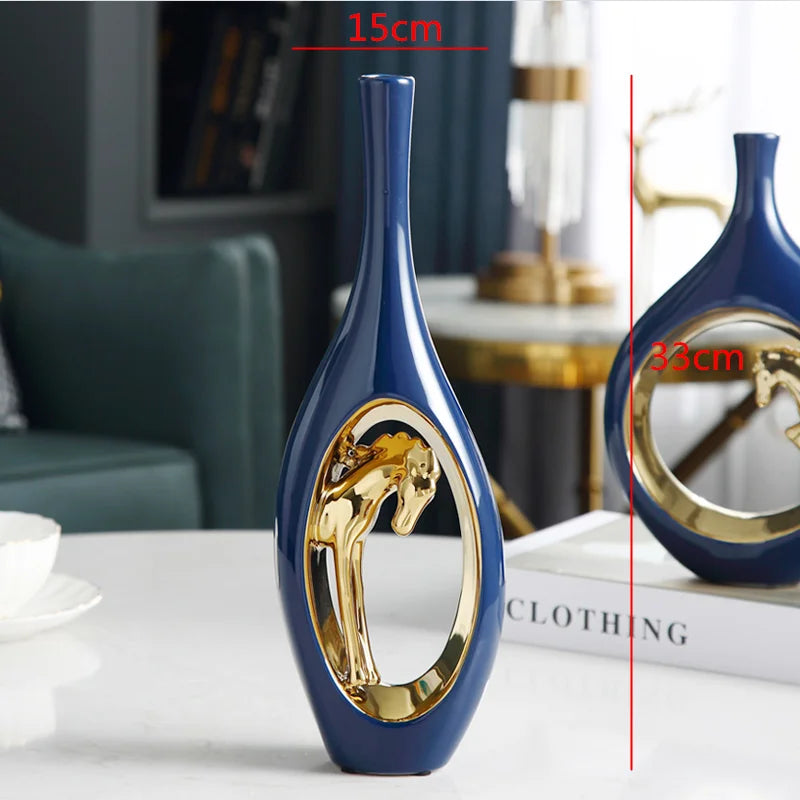 Ceramic Golden Horse Hollow Vase Flower Arrangement Accessories Modern Home Decoration