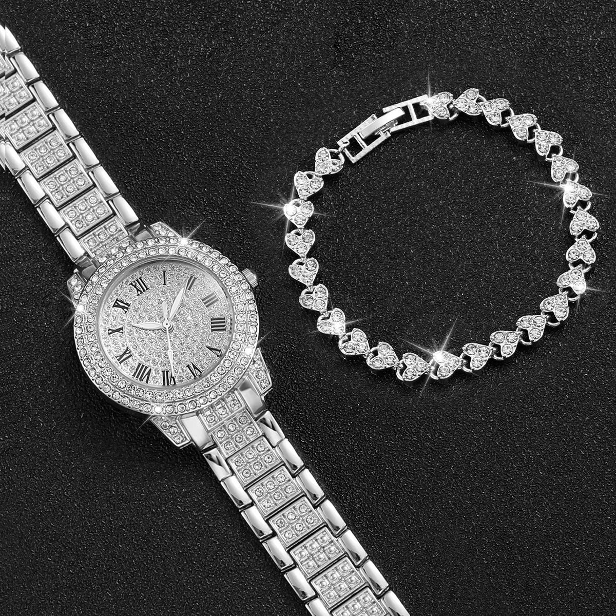 2pcs/set Women Stainless Steel Band Diamond Quartz Watch and Bracelet Set-Non Fadable & Best Selling Product