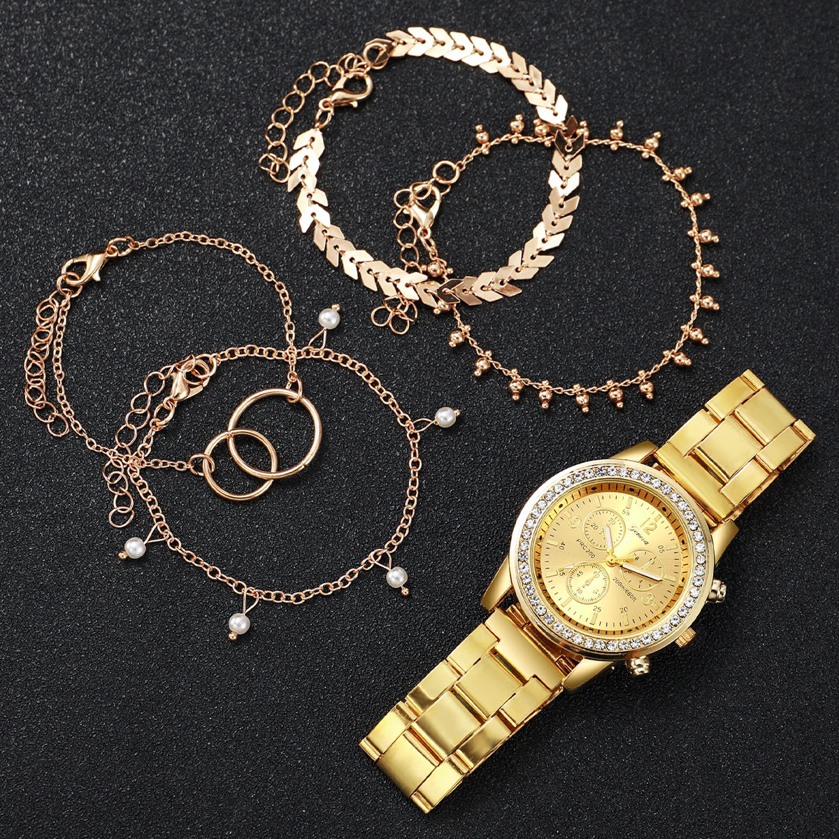 Fashion Women Golden Color Stainless Steel Quartz Watch With Bracelet Set 5PCs- Elegant Design Best Selling Product
