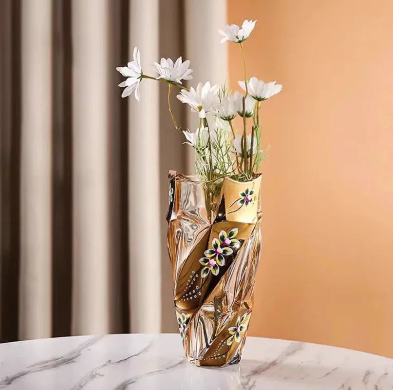 Crystal Glass Vase Gold Painted Enamel European Style Decoration Housewarming Gift