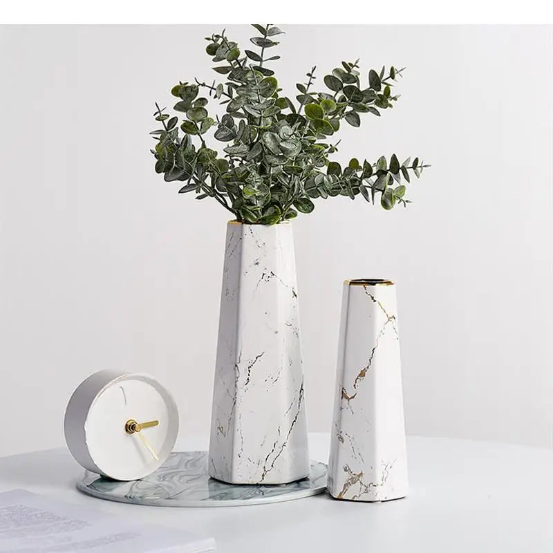 Marbling Ceramics Desktop Vase Hexagon Flower Arrangement Decoration Hydroponic Vases Three-piece Suit Ornaments
