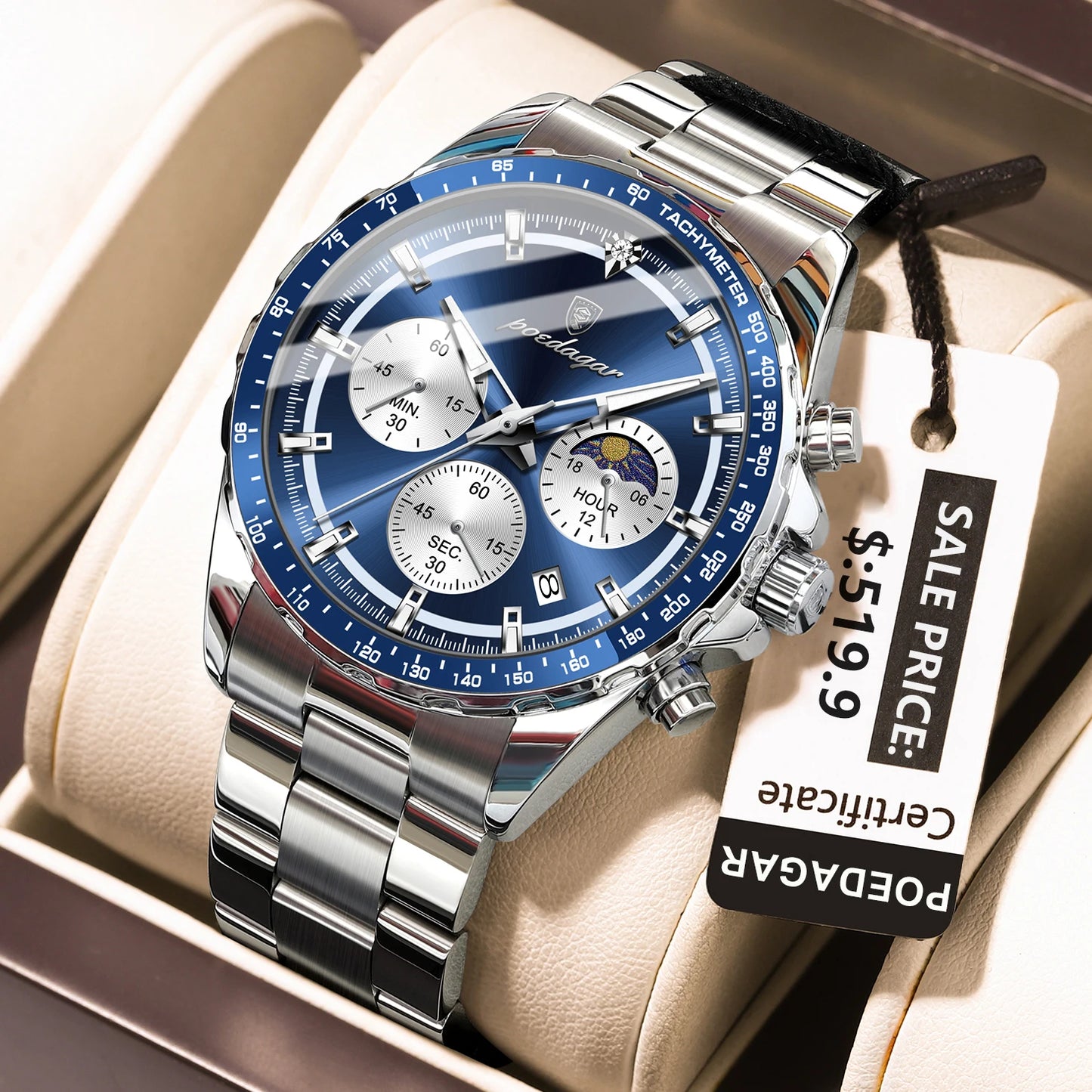 POEDAGAR Original Men Clock Sports Waterproof Luminous Chronograph Date Watch For Man Stainless Steel Quartz Men's Watches Reloj