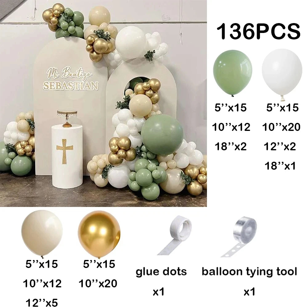 139Pcs Avocado Sage Green Balloons Arch Sand White Gold Balloon Garland Kit Jungle Safari Decor Baby Shower Birthday Party Decor