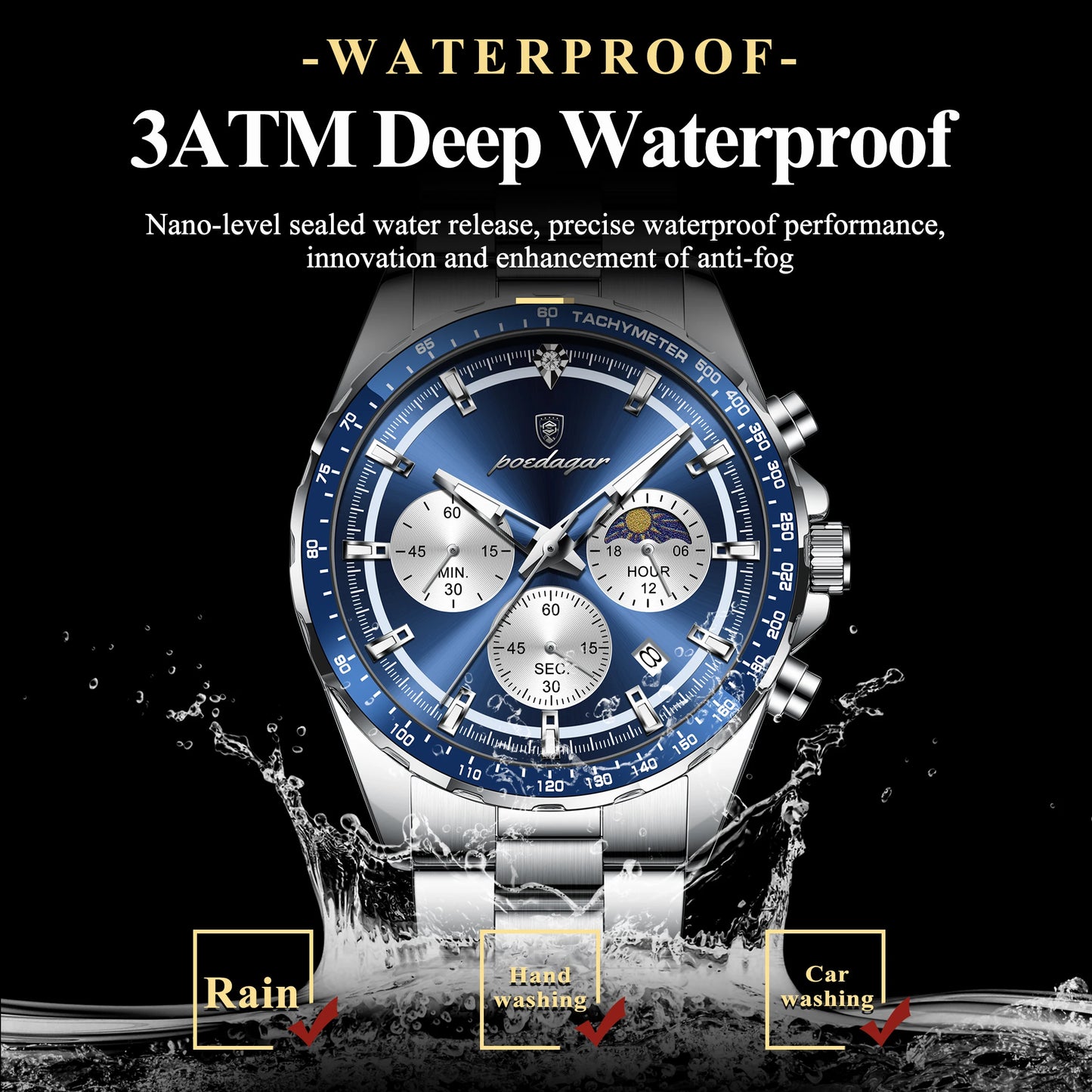 POEDAGAR Original Men Clock Sports Waterproof Luminous Chronograph Date Watch For Man Stainless Steel Quartz Men's Watches Reloj
