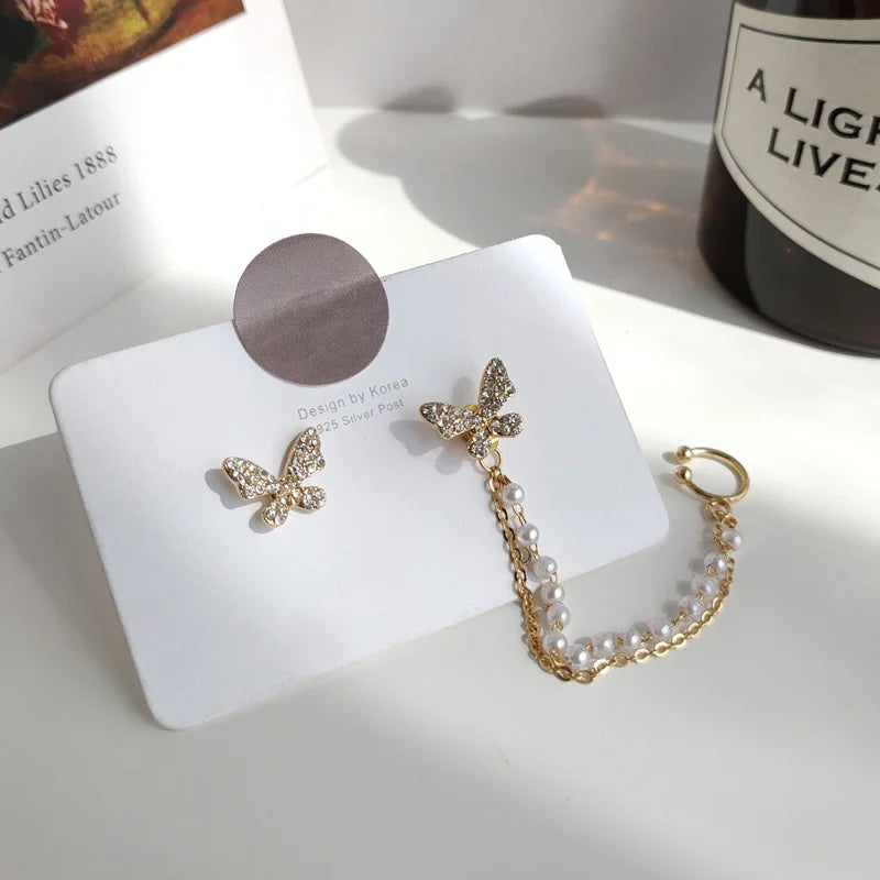 Korean Rhinestone Butterfly Stud Earrings For Women Girls Cute Fashion Metal Cuff Chain Tassel Boucle D'oreille Jewelry