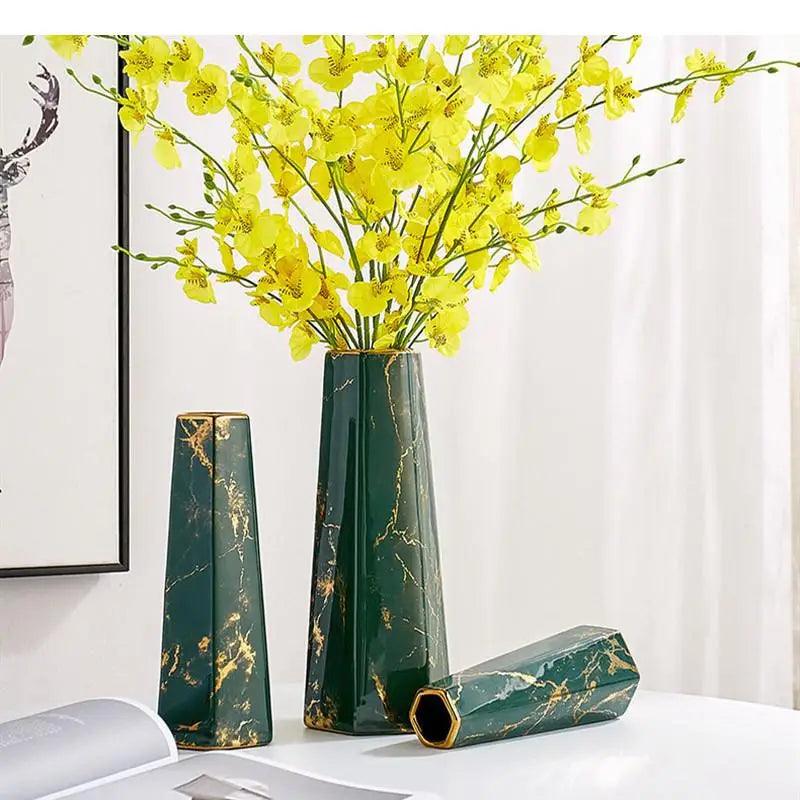Marbling Ceramics Desktop Vase Hexagon Flower Arrangement Decoration Hydroponic Vases Three-piece Suit Ornaments