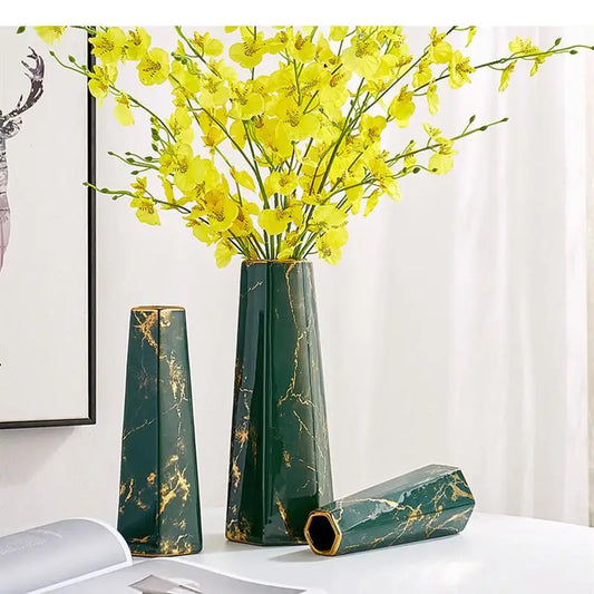 Marbling Ceramics Desktop Vase Hexagon Flower Arrangement Decoration Hydroponic Vases Three-piece Suit Ornaments
