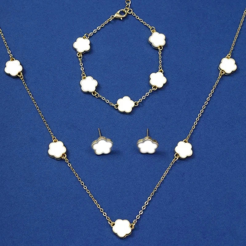 Lucky Five-petal Flower Clover Earrings Necklace Ring Bracelet Four-piece set for Woman Fashionable Accessories Party Jewelry