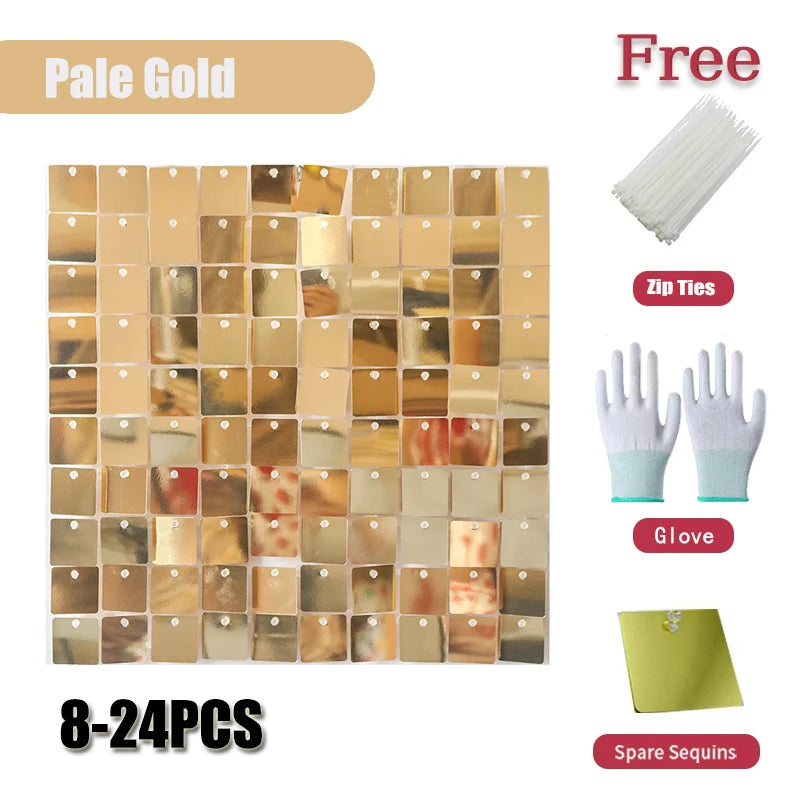 Square glitter wall background with 18 decorative panels sparkling. Photo background used for birthday party decoration
