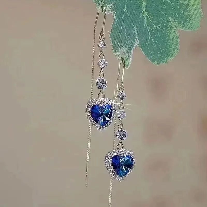 Exquisite Heart Shaped Zircon Earrings For Women Girls Luxury Long Tassel Ear Line Dangle Earring Wedding Party Jewelry Gifts