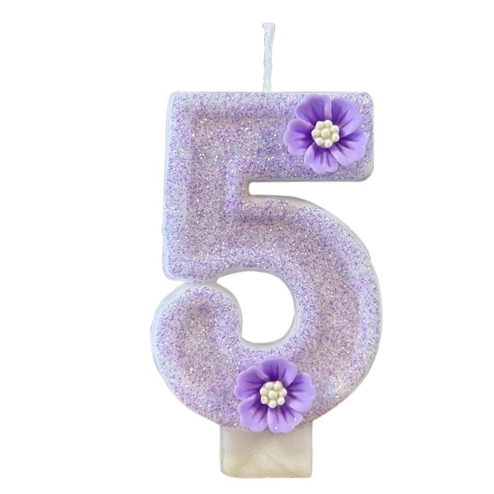 1pc Purple Sparkling Number Candles 0-9 Flower Cake Topper for Birthday Wedding Anniversary Party Cake Decoration Supplies