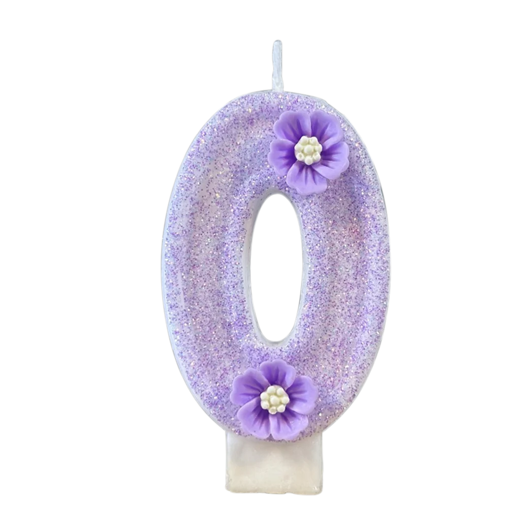 1pc Purple Sparkling Number Candles 0-9 Flower Cake Topper for Birthday Wedding Anniversary Party Cake Decoration Supplies