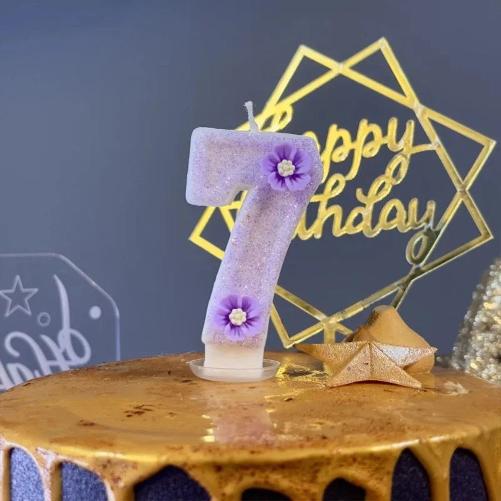 1pc Purple Sparkling Number Candles 0-9 Flower Cake Topper for Birthday Wedding Anniversary Party Cake Decoration Supplies