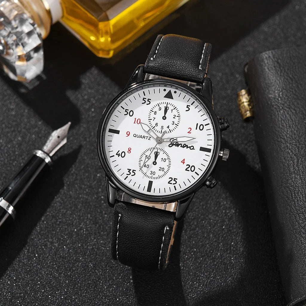 Kegllect  Men Watch Set with Bracelet Casual Leather Band  Quartz Clocks- Elegant For Gift & Perfect Watch For Boys