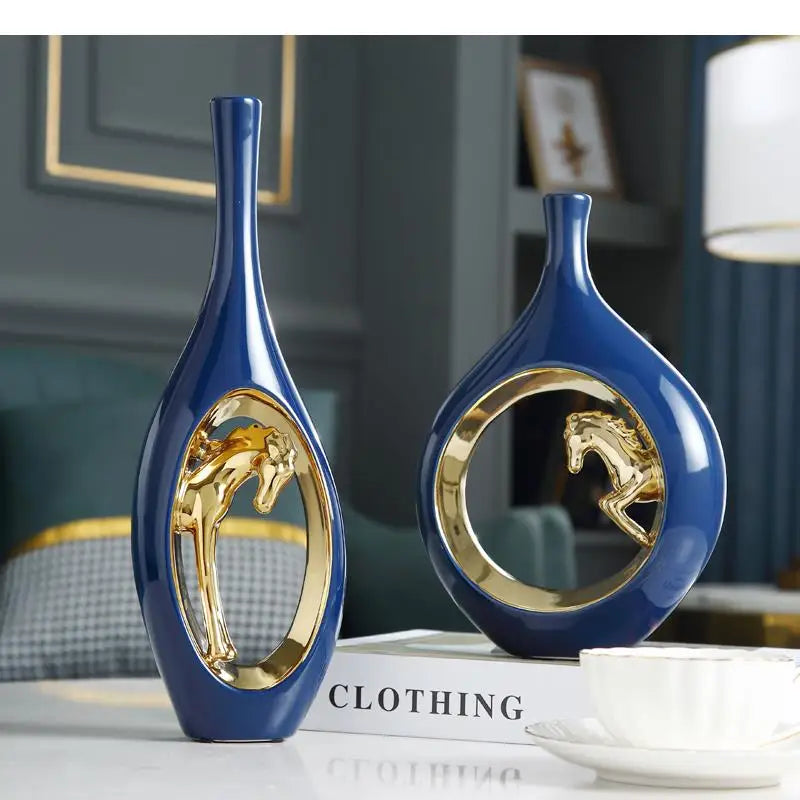Ceramic Golden Horse Hollow Vase Flower Arrangement Accessories Modern Home Decoration