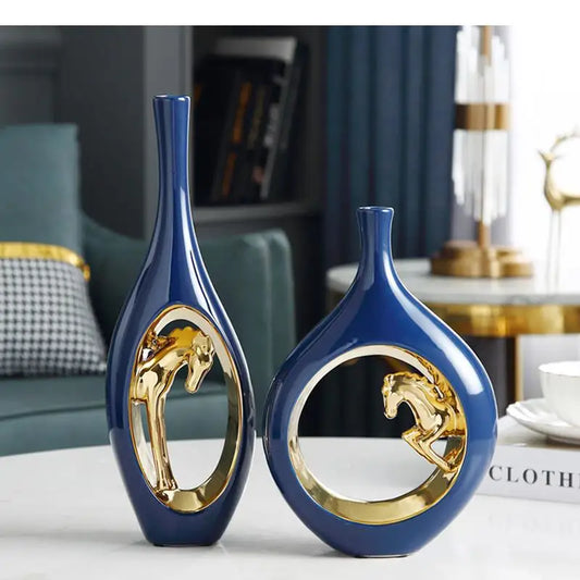 Ceramic Golden Horse Hollow Vase Flower Arrangement Accessories Modern Home Decoration