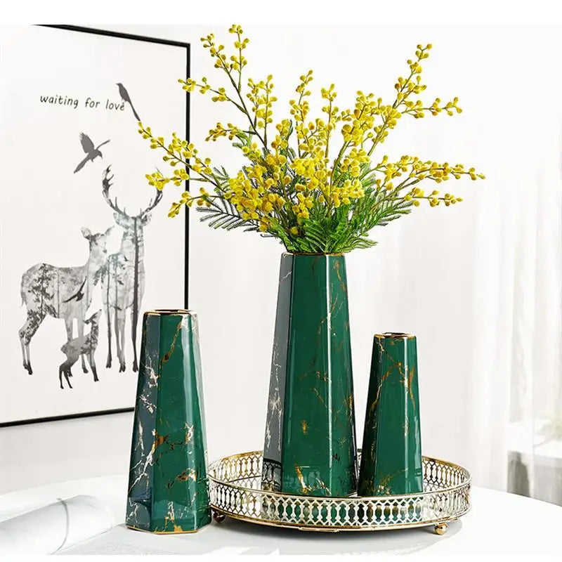 Marbling Ceramics Desktop Vase Hexagon Flower Arrangement Decoration Hydroponic Vases Three-piece Suit Ornaments