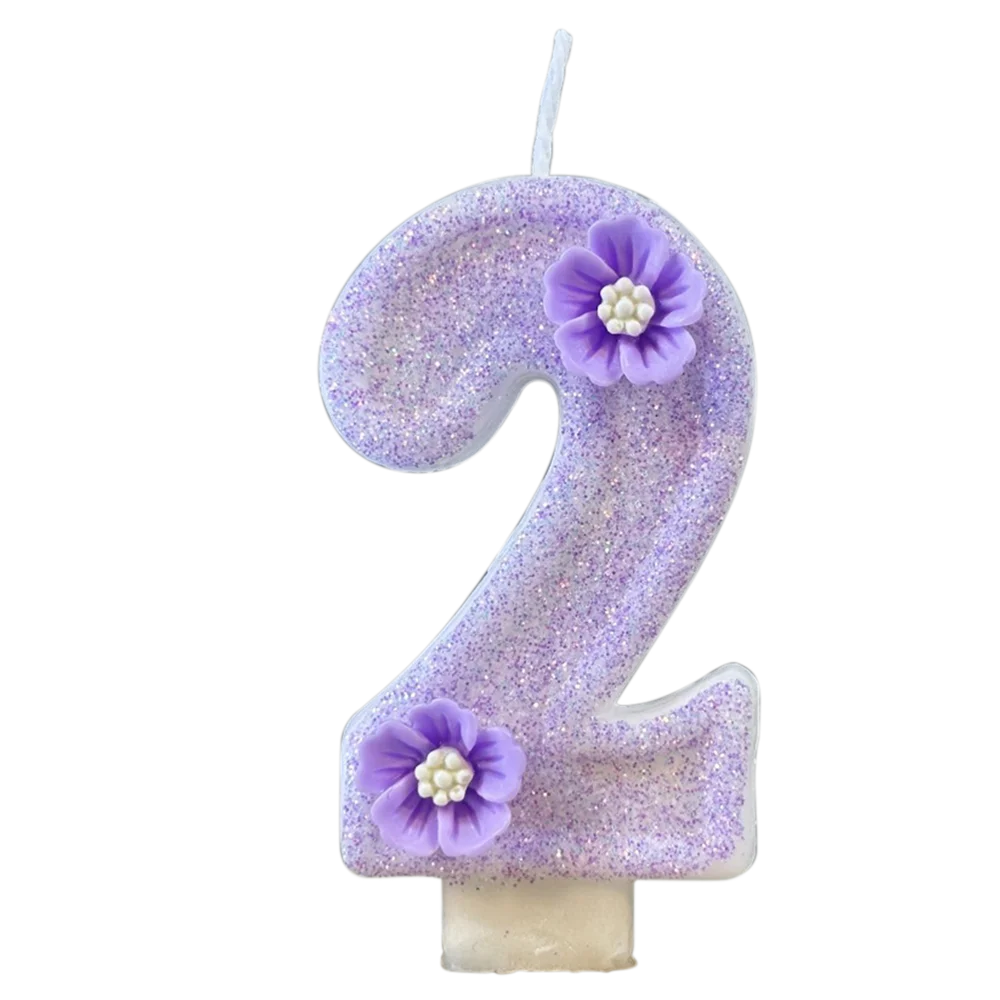 1pc Purple Sparkling Number Candles 0-9 Flower Cake Topper for Birthday Wedding Anniversary Party Cake Decoration Supplies
