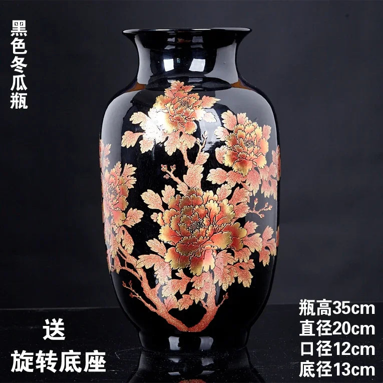 Jingdezhen Black Porcelain Flower Vase Crystal Glaze Handmade Shining Rose Vases Chinese Style Home Decor