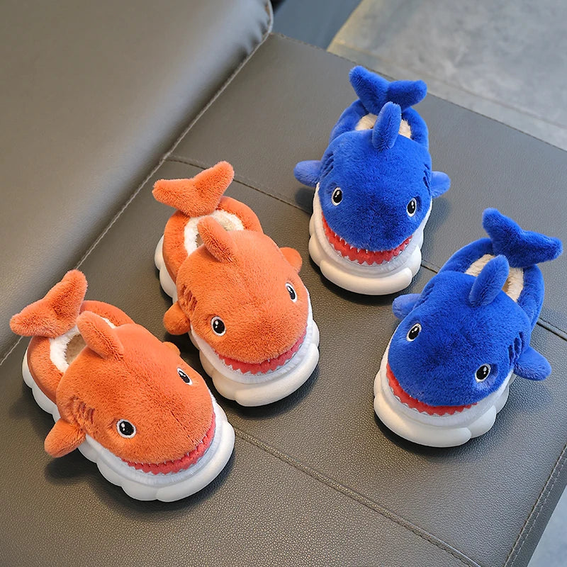 New Winter Wrap Heels Cute Cartoon Shark Cotton Slippers Children's Non-slip Soft For Kids Girls Boys Baby Warm Plush Home Shoes