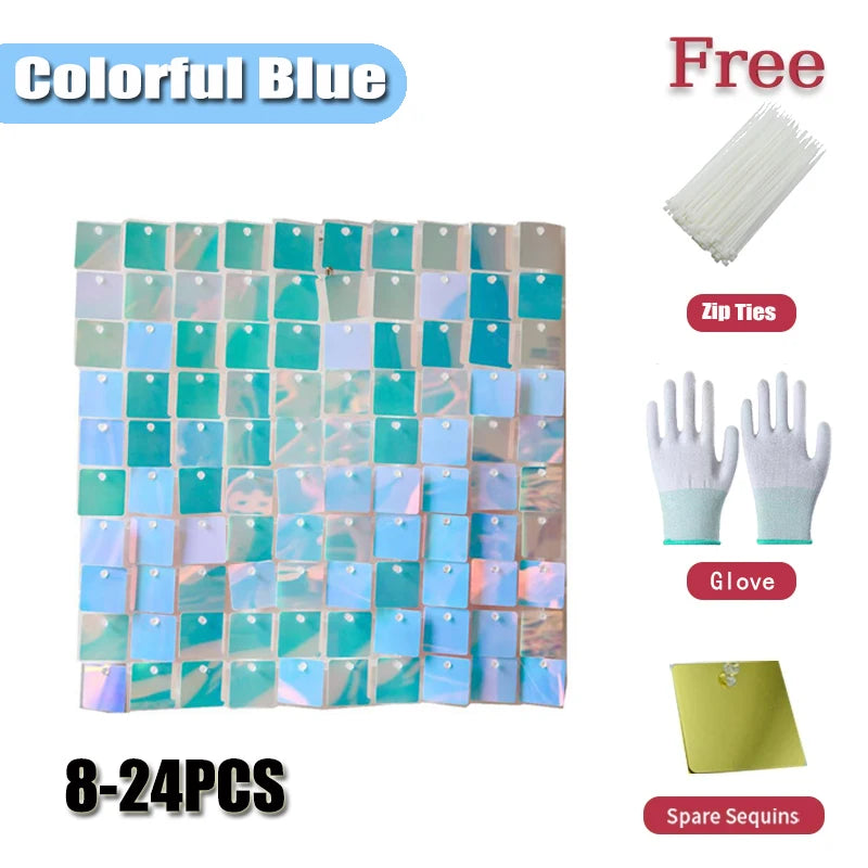 Square glitter wall background with 18 decorative panels sparkling. Photo background used for birthday party decoration