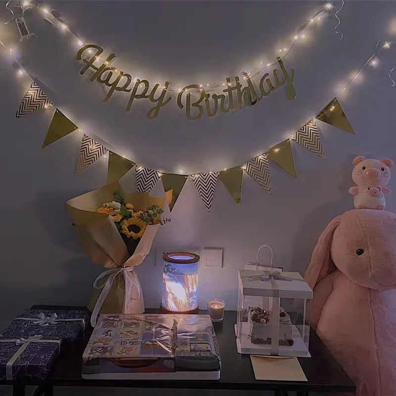 Multi Themes DIY Colored Lights Happy Birthday Banner Decorations Photo Booth Happy Birthday Bunting String Lights Flags Set