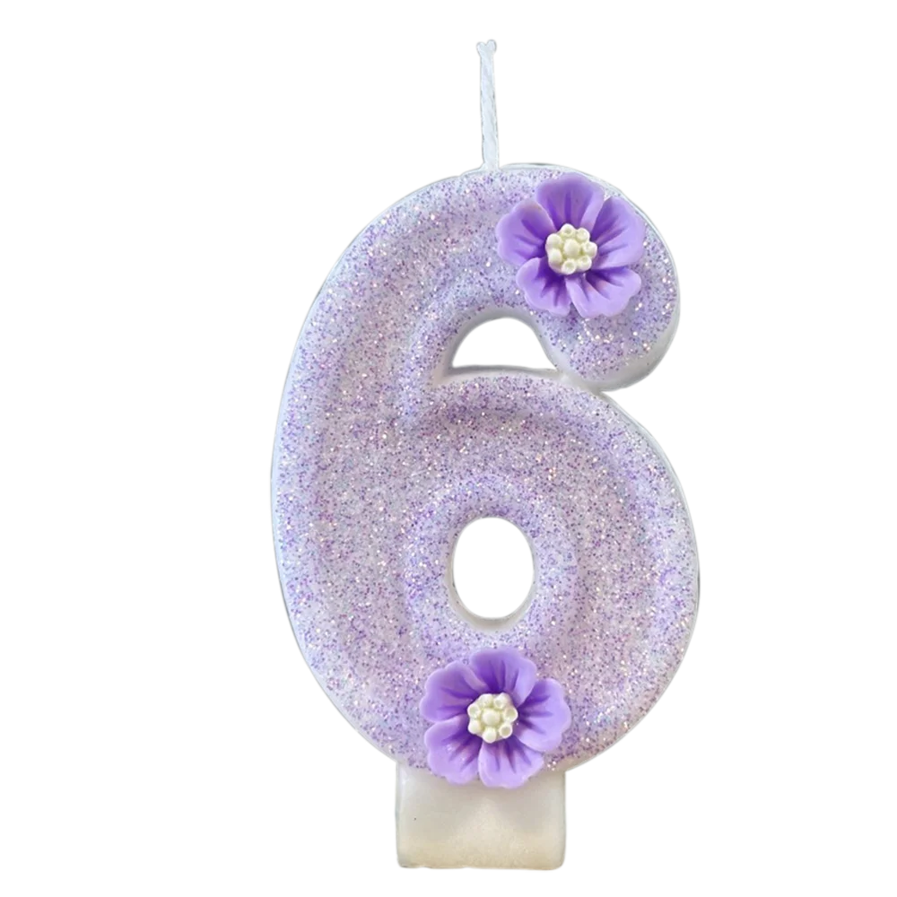 1pc Purple Sparkling Number Candles 0-9 Flower Cake Topper for Birthday Wedding Anniversary Party Cake Decoration Supplies