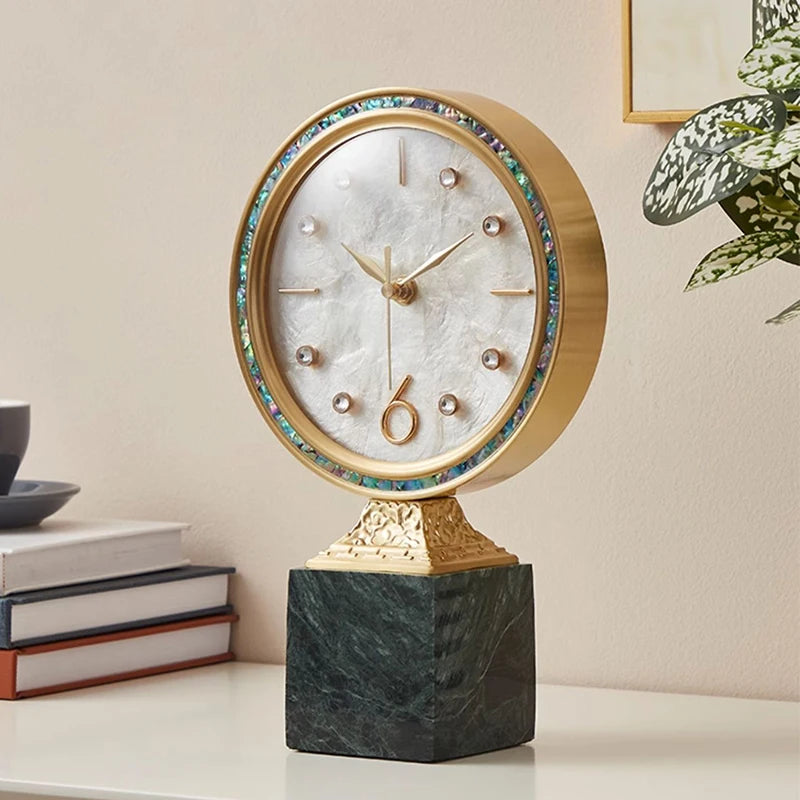 Copper Table Clock Shell Dial Marble Base Decoration Room Bedroom Bedside Modern Simple Office Desk Fireplace Standing Clocks