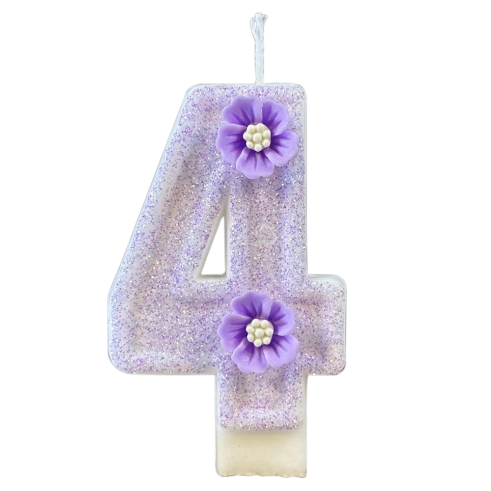 1pc Purple Sparkling Number Candles 0-9 Flower Cake Topper for Birthday Wedding Anniversary Party Cake Decoration Supplies