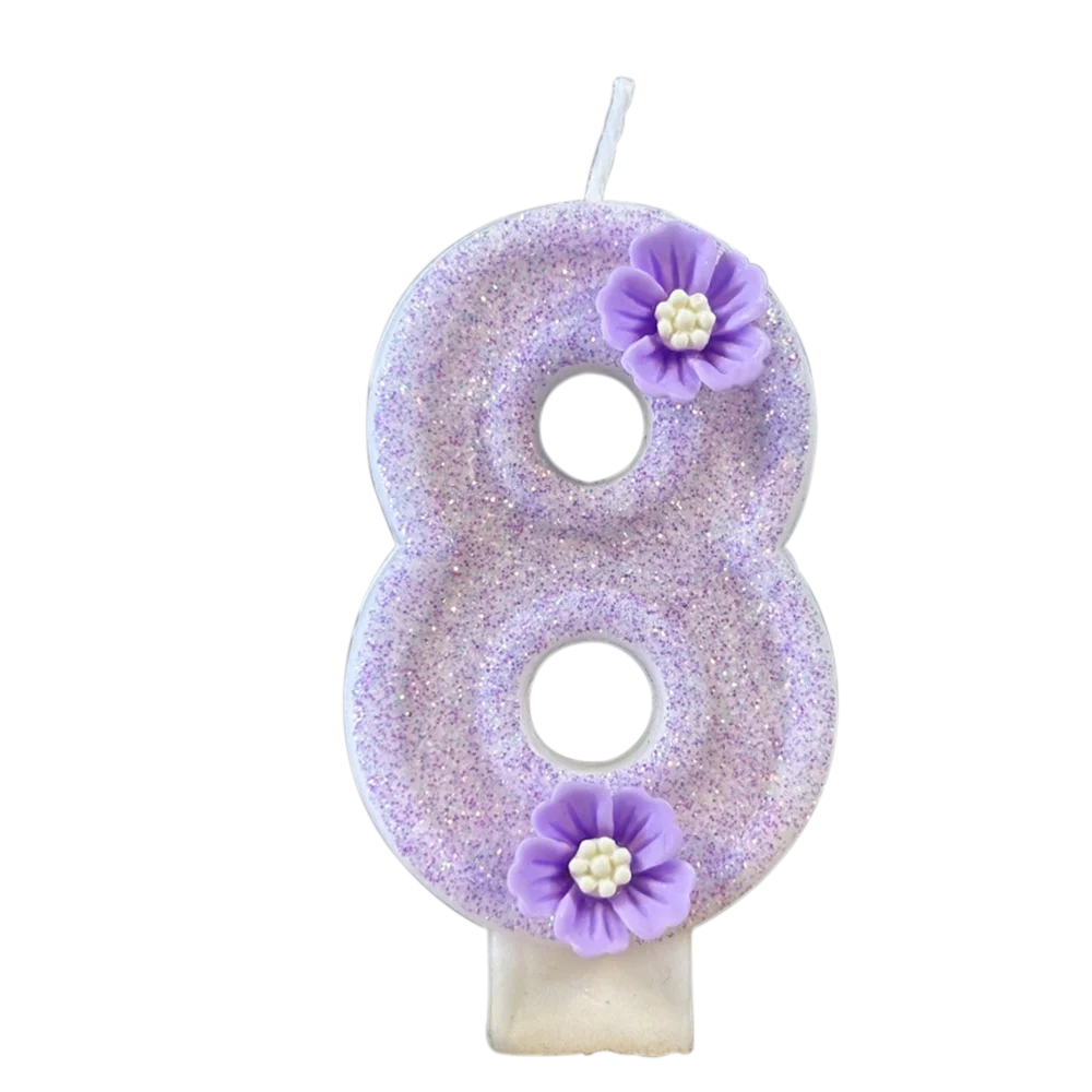 1pc Purple Sparkling Number Candles 0-9 Flower Cake Topper for Birthday Wedding Anniversary Party Cake Decoration Supplies