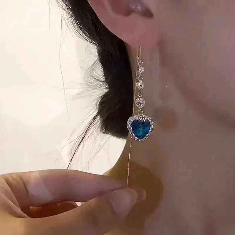 Exquisite Heart Shaped Zircon Earrings For Women Girls Luxury Long Tassel Ear Line Dangle Earring Wedding Party Jewelry Gifts