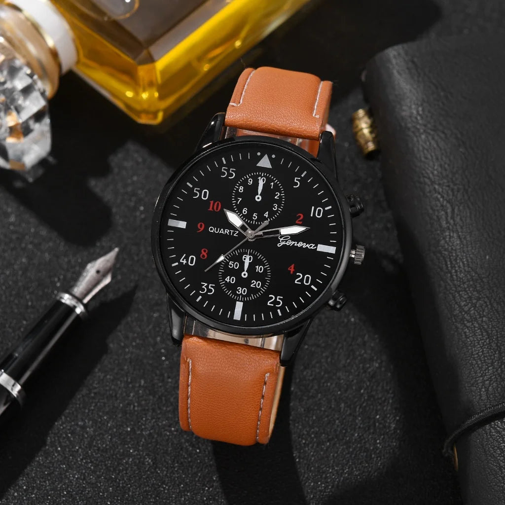 Kegllect  Men Watch Set with Bracelet Casual Leather Band  Quartz Clocks- Elegant For Gift & Perfect Watch For Boys