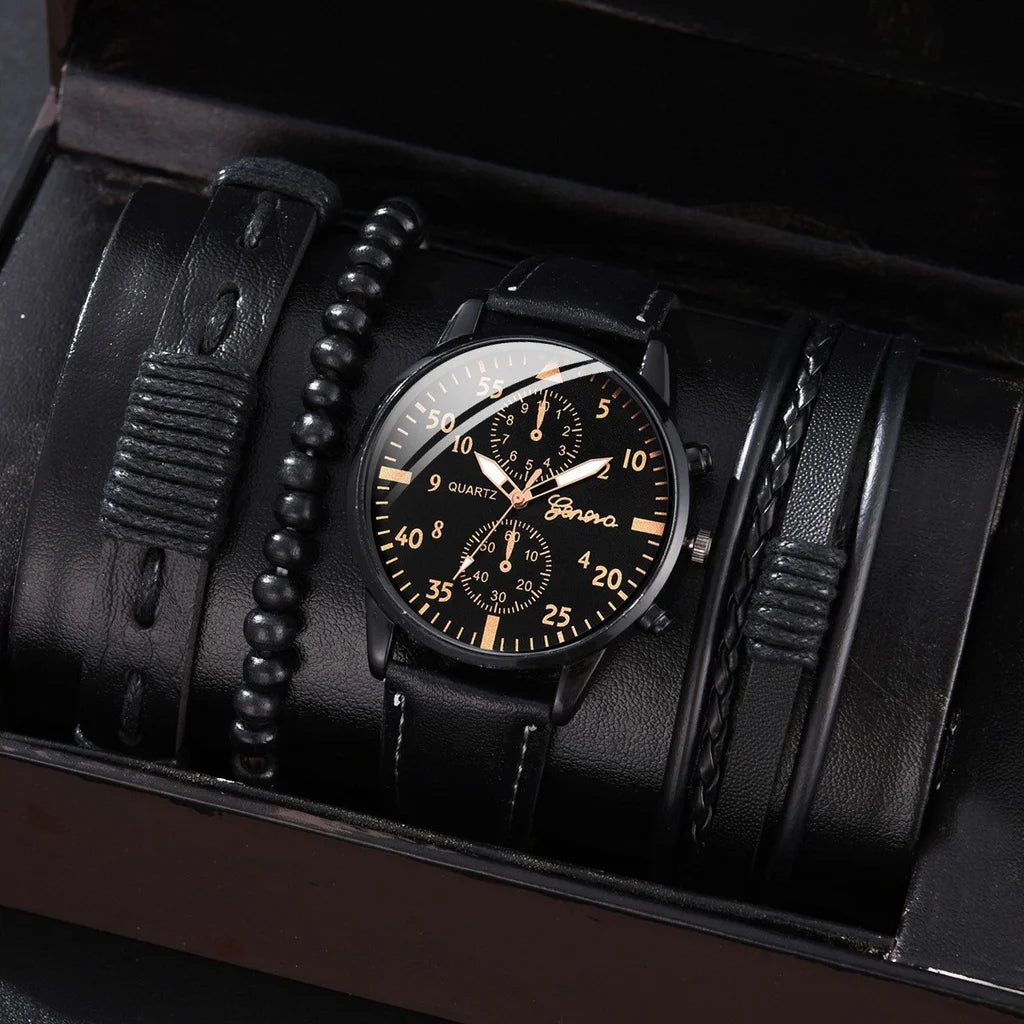 Kegllect  Men Watch Set with Bracelet Casual Leather Band  Quartz Clocks- Elegant For Gift & Perfect Watch For Boys