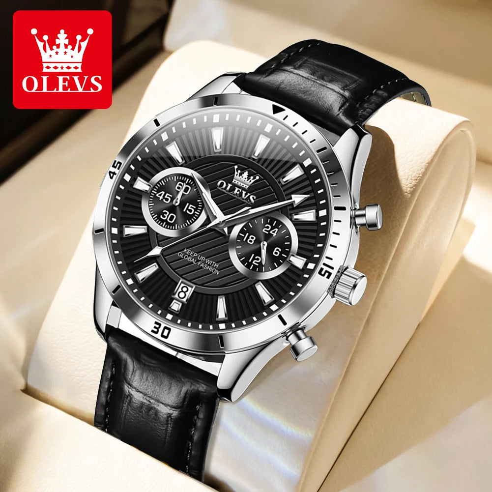 OLEVS NEW Men Watch Green Leather Strap Calendar 24 Hours Chronoscope Luminous Waterproof Wristwatch High Quality Men's Watches