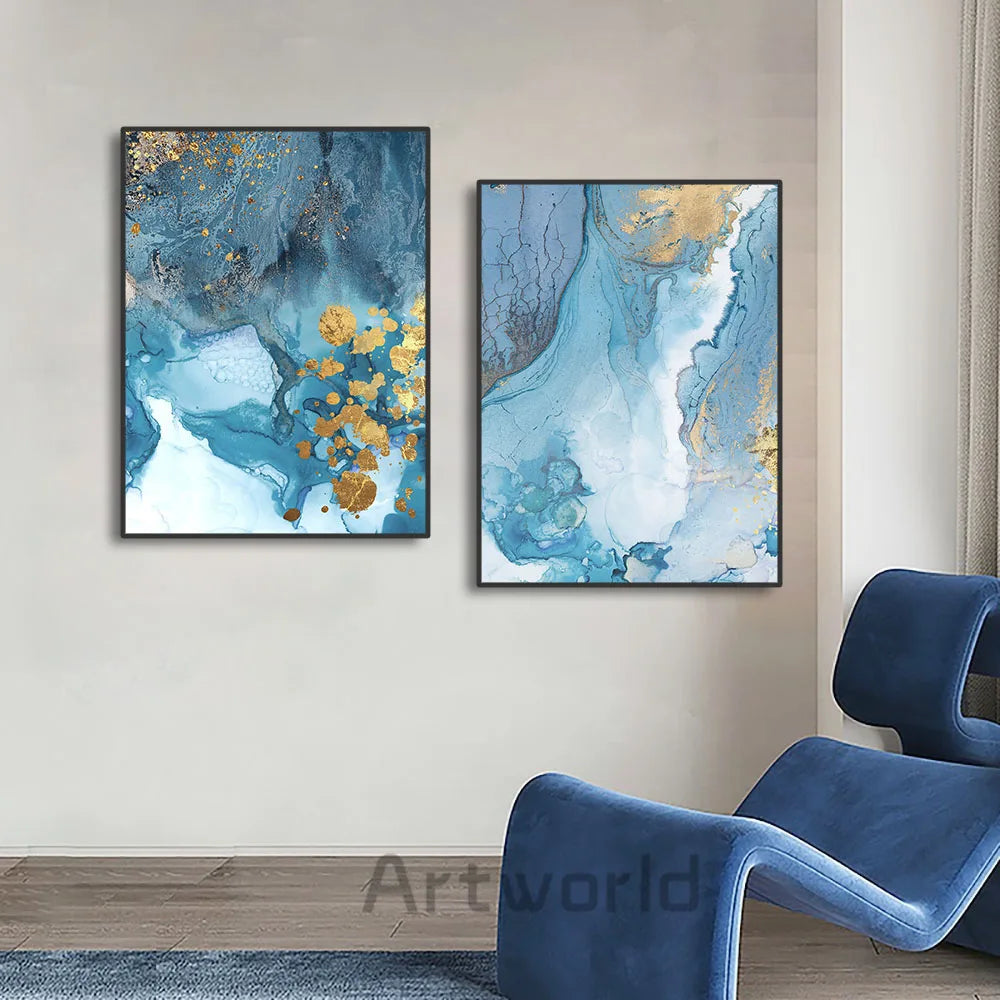 Blue Prints Abstract River Gold Texture Wall Art Canvas Painting Posters and Prints for Living Room Home Decoration