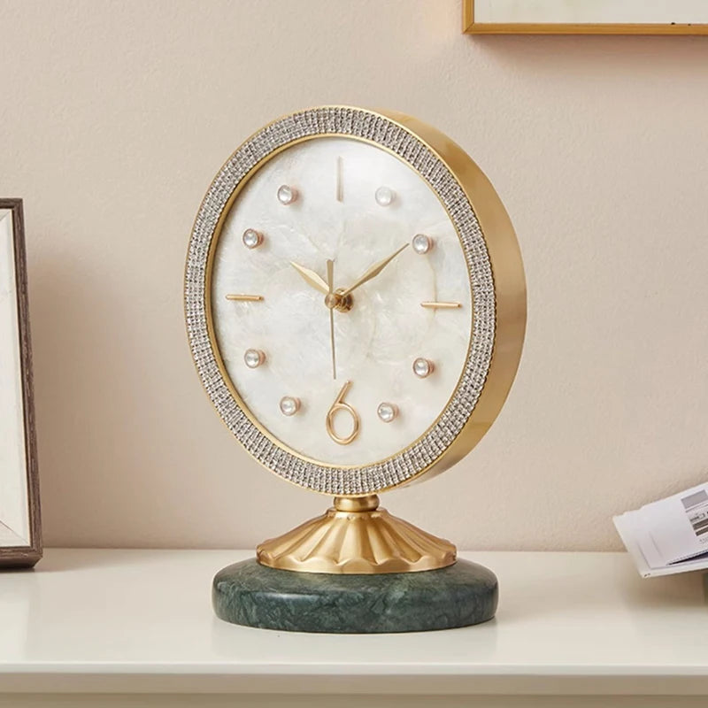 Copper Table Clock Shell Dial Marble Base Decoration Room Bedroom Bedside Modern Simple Office Desk Fireplace Standing Clocks